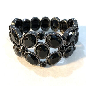 Black Beaded Stretch Bracelet Silvertone Metal Elegant Chic Cuff Fashion Jewelry
